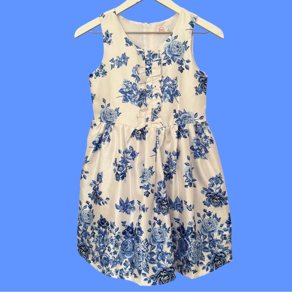 Wonder Nation Floral Print Sleeveles Ruffle Accents Tie Belt Lined Dress Size 10